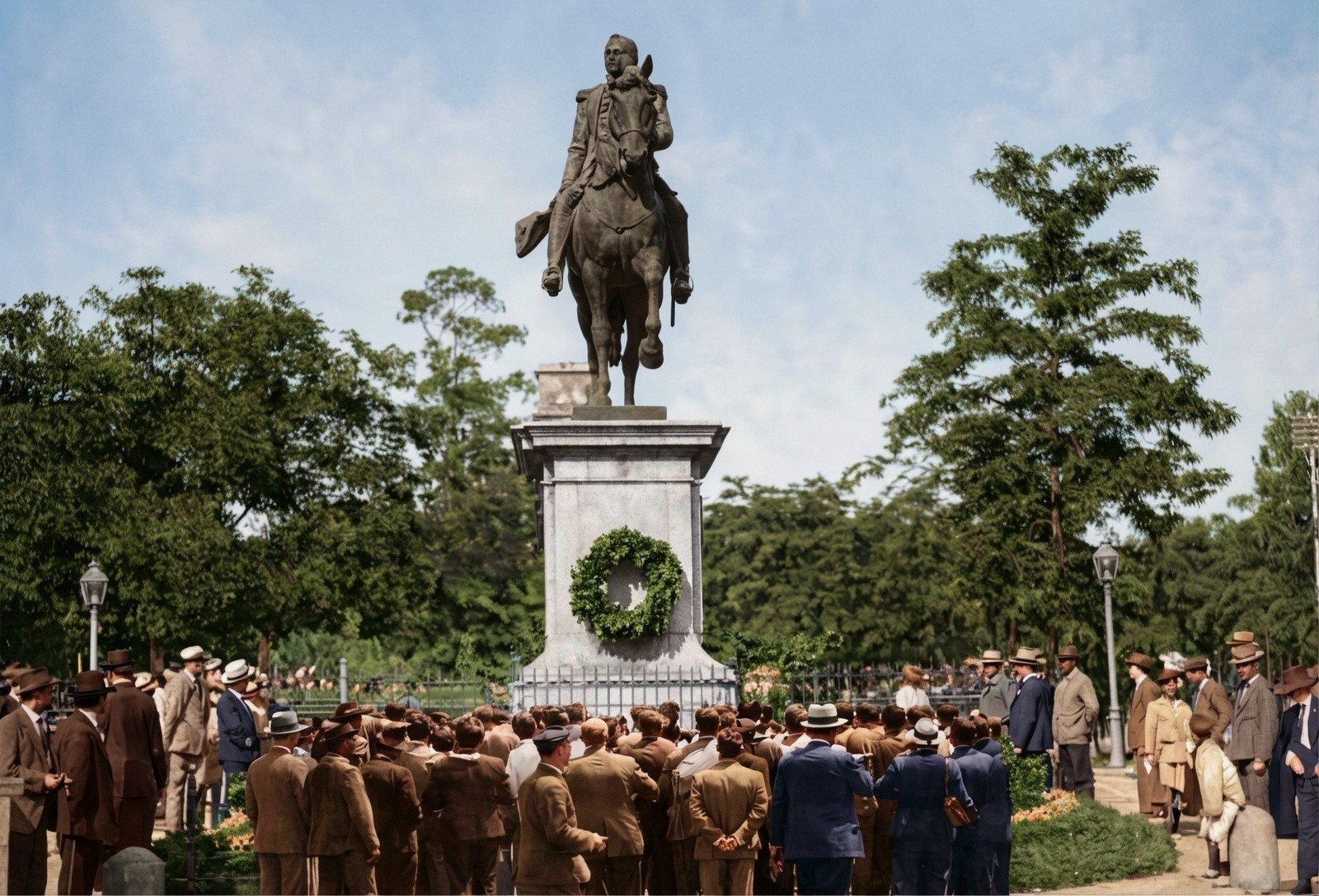 Los milicianos nacionales desfilan ante la estatua de Espartero