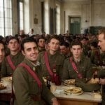 Grupo de soldados del mismo regimiento en el comedor del cuartel en la mañana de ayer
